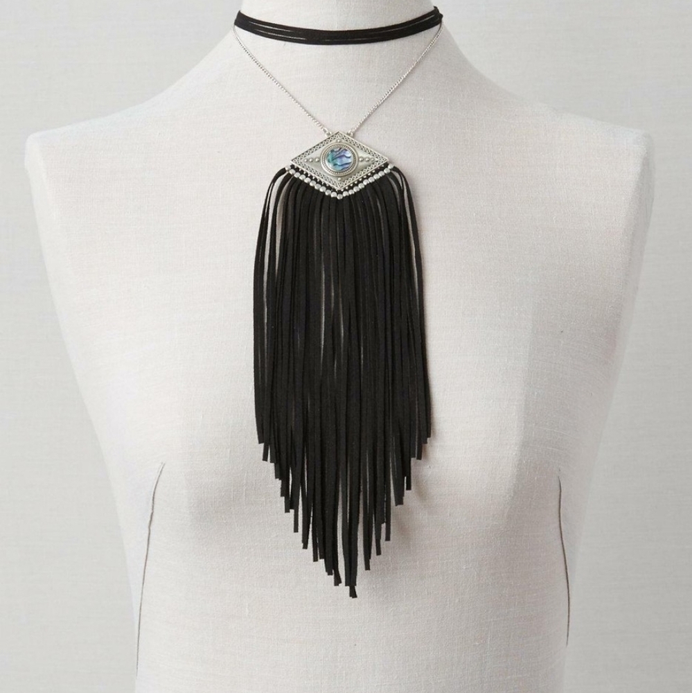 American Eagle Metallic Black Fringe Boho Statement Necklace